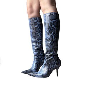 House of CB - Royale - blue print leather knee high boots